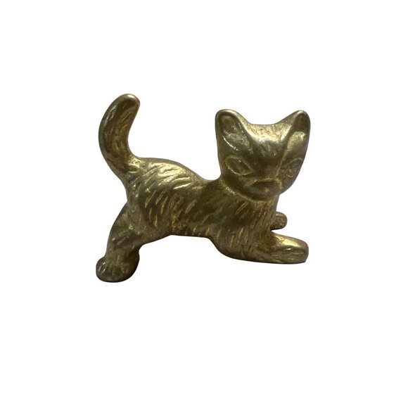 Vintage Solid Brass Cat Figurines Miniature Playful Kitten Pair Home Decor - Picture 3 of 5